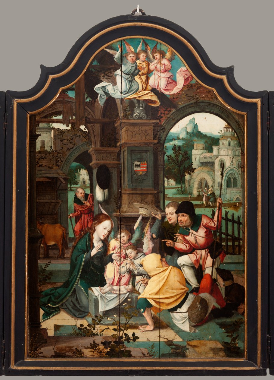 Triptyque. Maarten de Vos. XVIe siècle. Huile sur bois. Retable ouvert panneau central. - Maarten de Vos