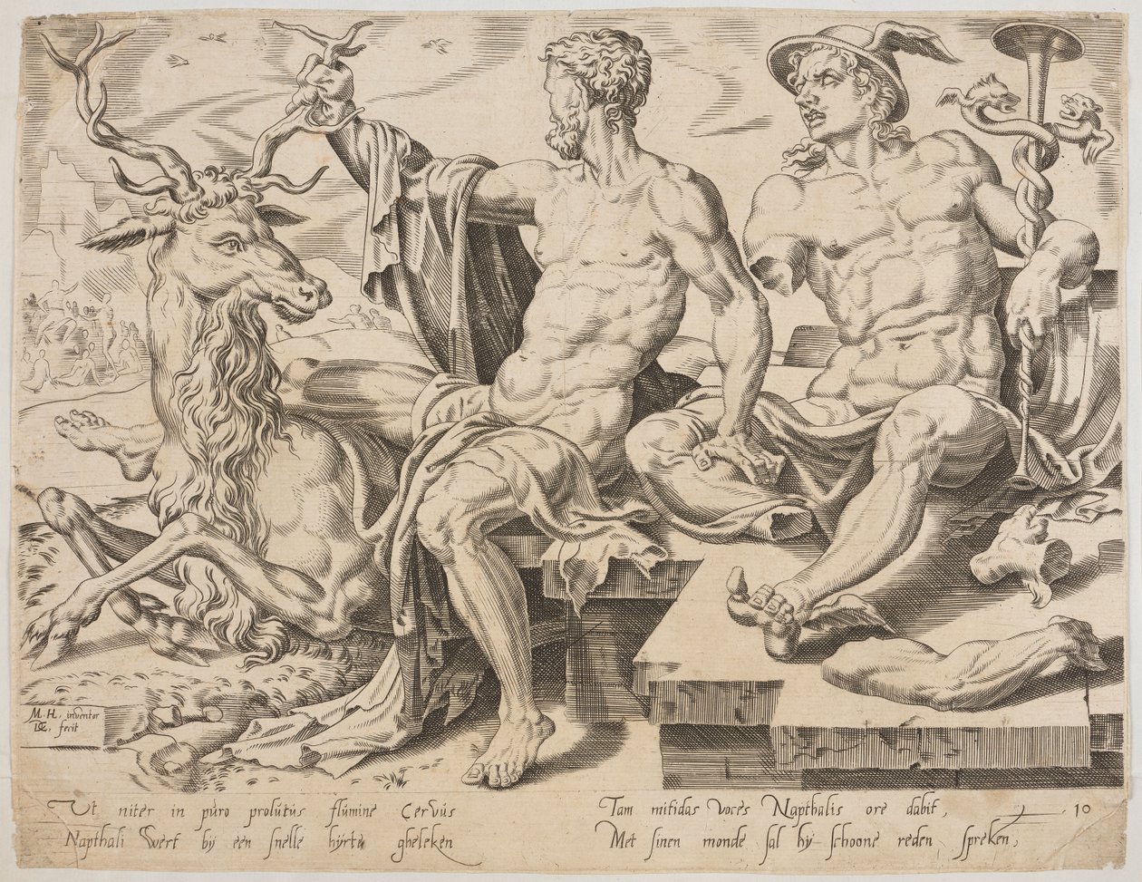 Naphtali avec un cerf et une statue brisée de Mercure, de la série Les Douze Patriarches, gravure de Dirk Volkertsz Coornhert - Maarten van Heemskerck