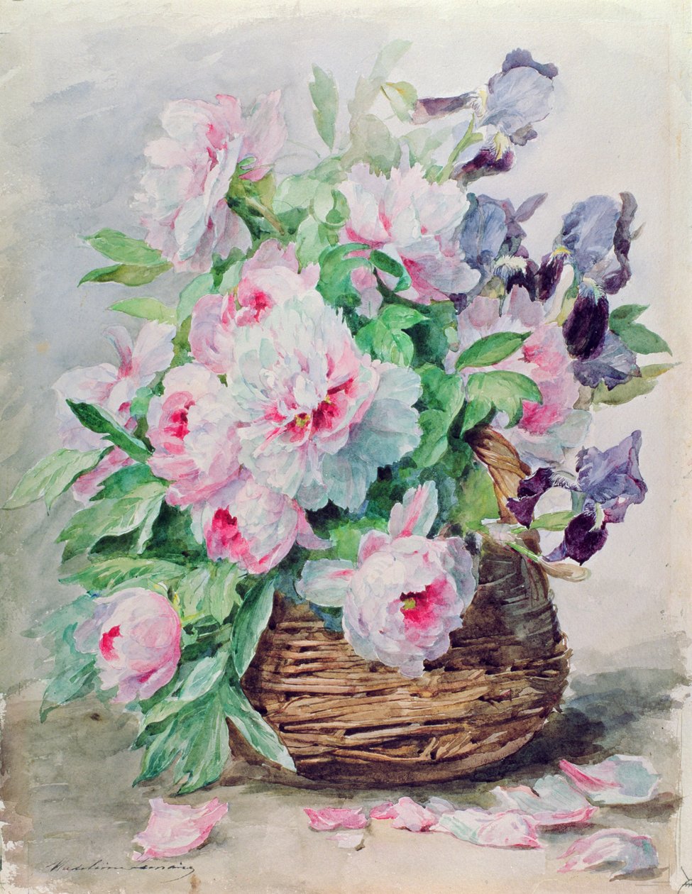 Iris et pivoines dans un panier - Madeleine Lemaire