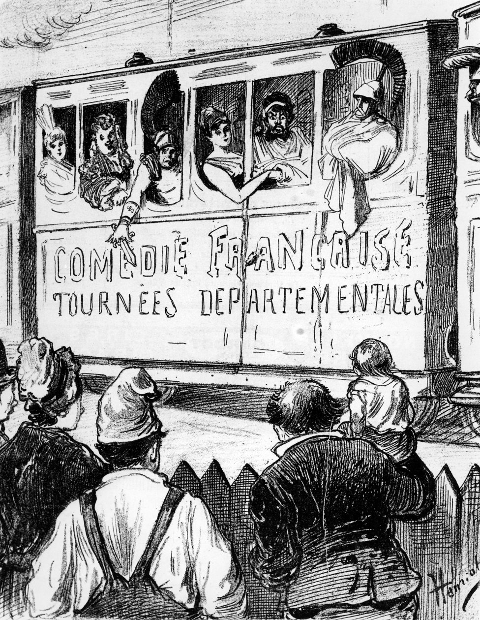 La troupe de la Comédie Française en tournée en France dans un train spécial, fait une halte pour donner aux villageois un aperçu du théâtre, 2e moitié du 19e siècle - Henri Maigrot