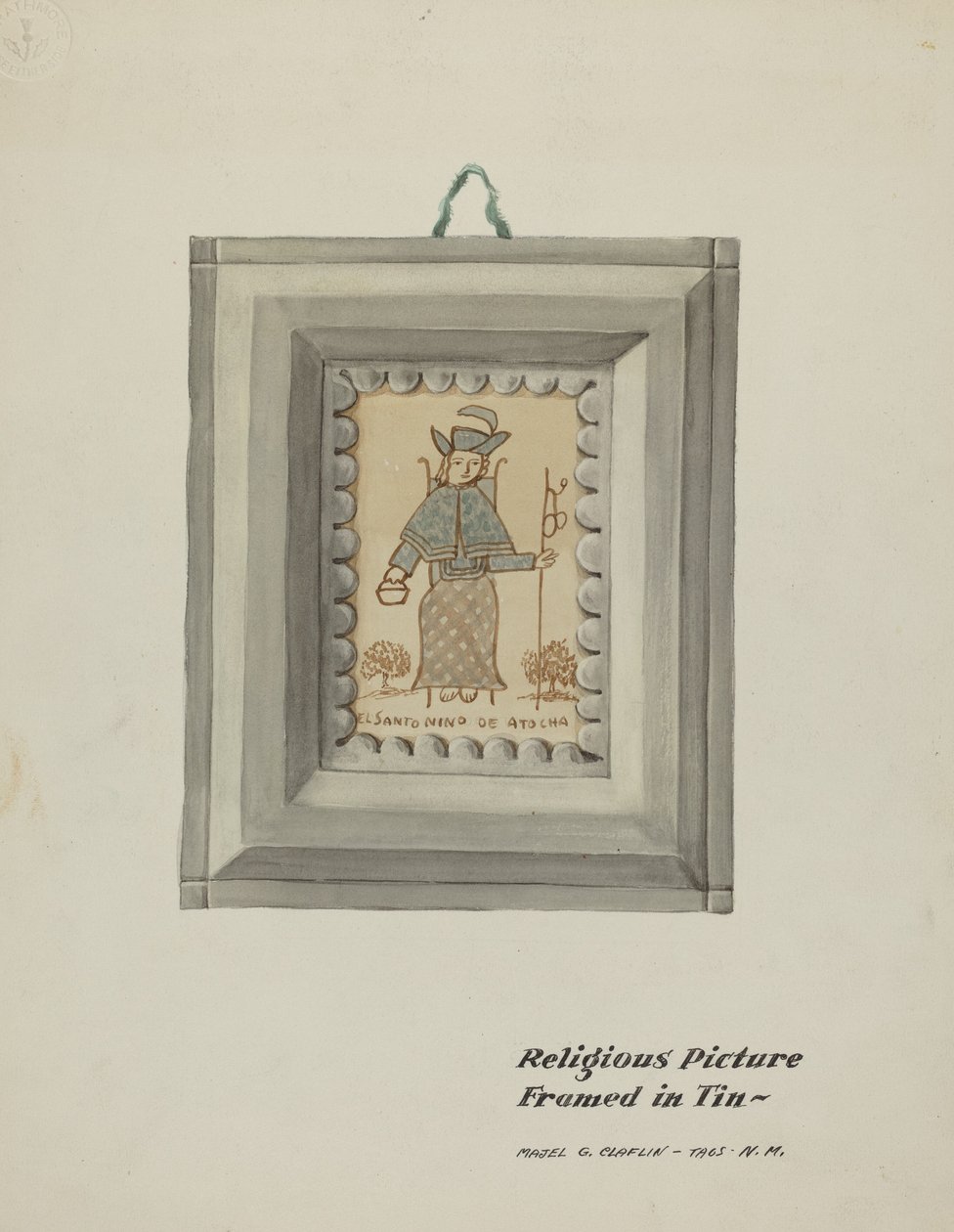 Santo Niño de Atocha dessiné à la main - Cadre en étain fait main, vers 1937 - Majel G. Claflin