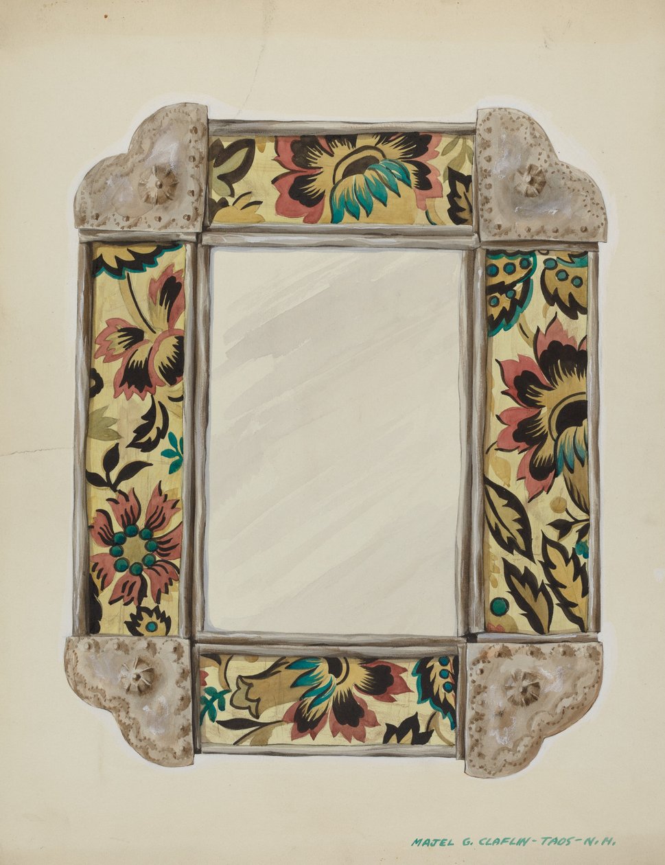 Miroir, encadré de panneaux de papier peint, bordé d