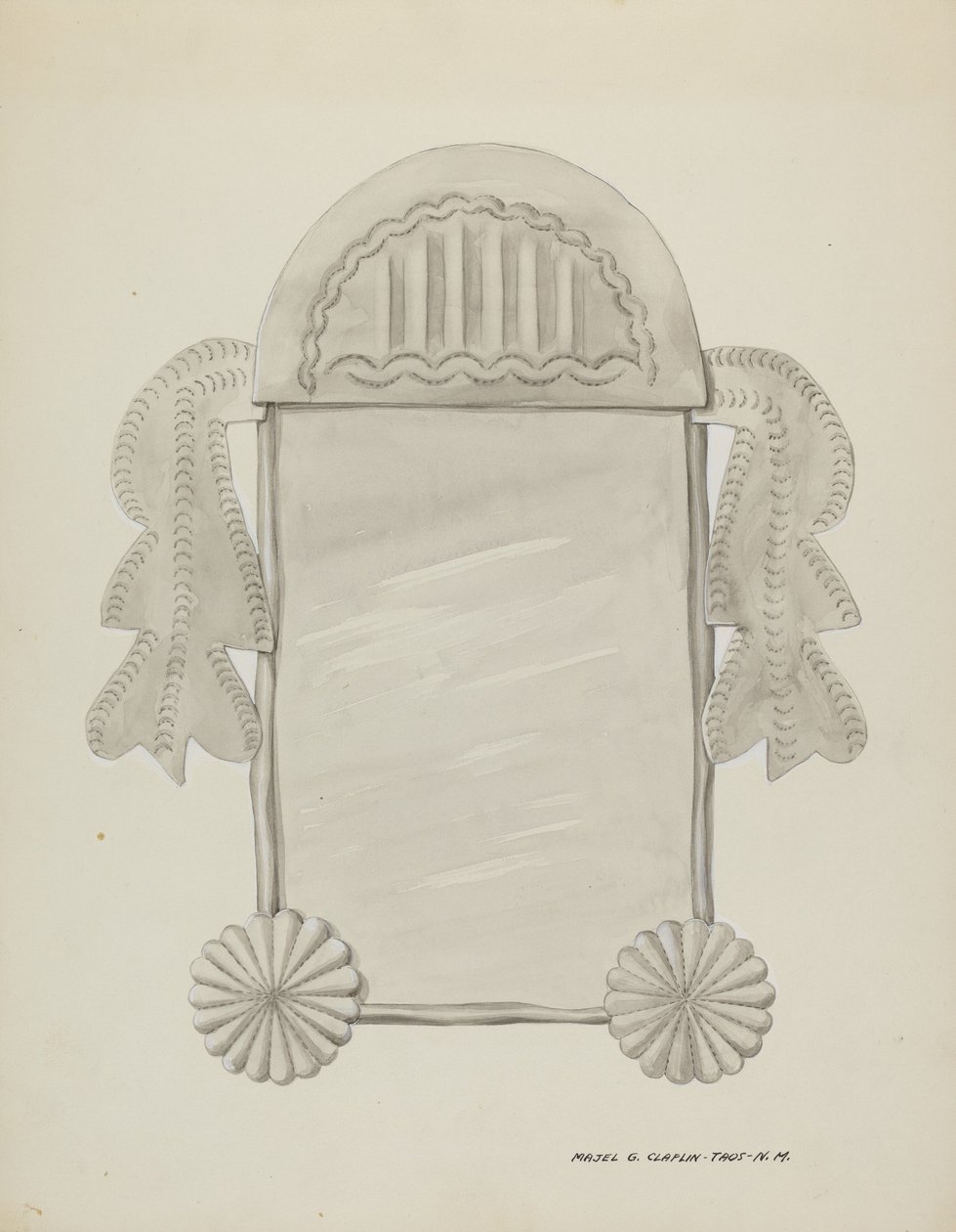 Petit miroir encadré en étain, vers 1937 - Majel G. Claflin