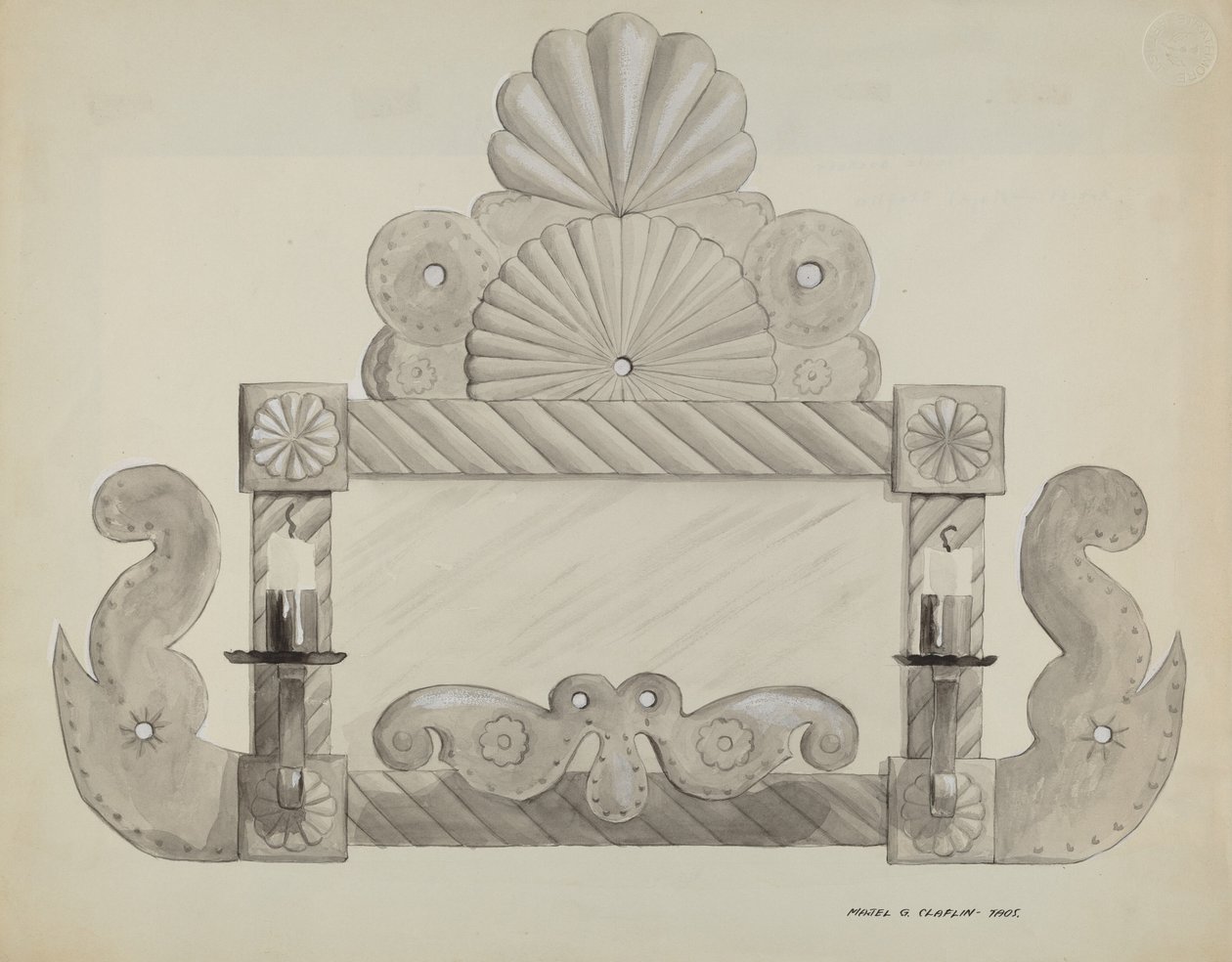 Cadre de miroir en étain avec 2 bougeoirs, vers 1937 - Majel G. Claflin