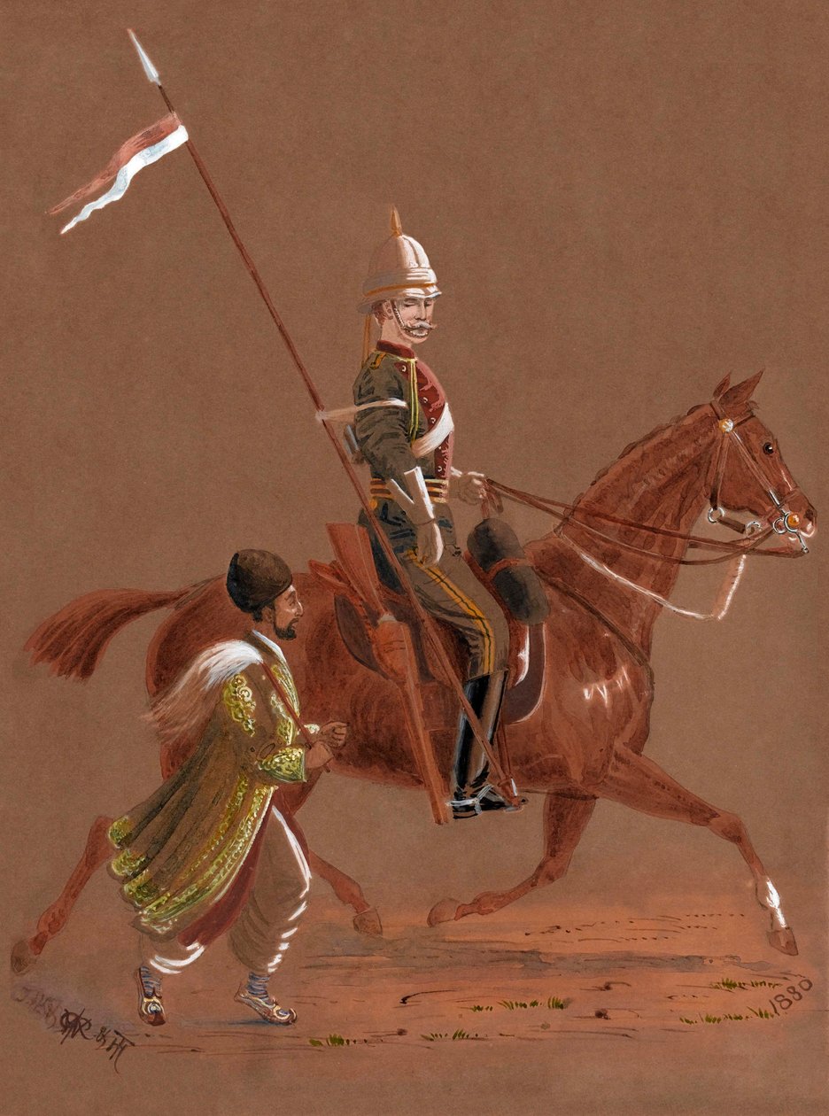Cavalier des 9e Lanciers chevauchant, avec un soldat afghan courant à côté de son cheval - Major General R.G. Woodthorpe