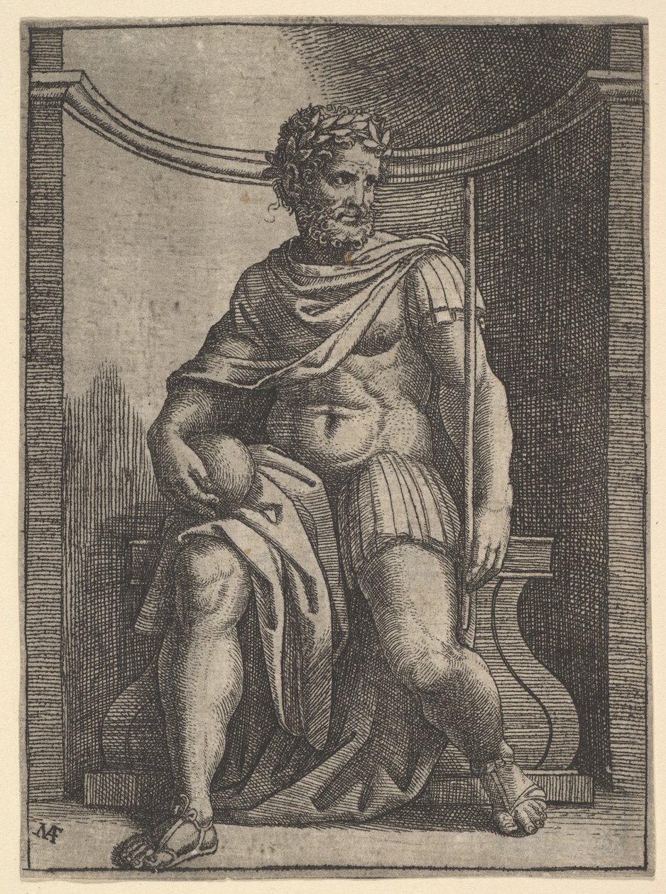 Un empereur romain assis dans une niche tenant un globe et un sceptre - Marcantonio Raimondi