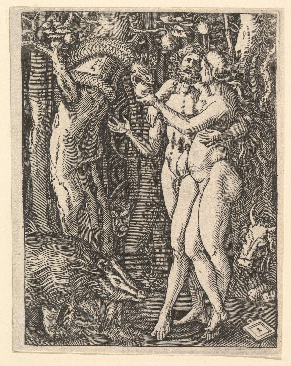 Adam et Ève avec pomme et serpent, vers 1500-1534 - Marcantonio Raimondi