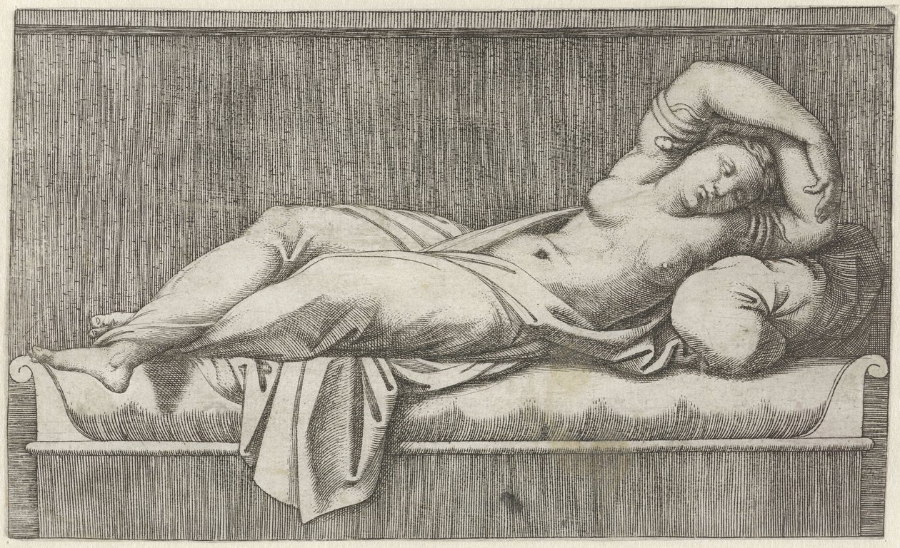 Cléopâtre à moitié nue allongée sur un lit - Marcantonio Raimondi