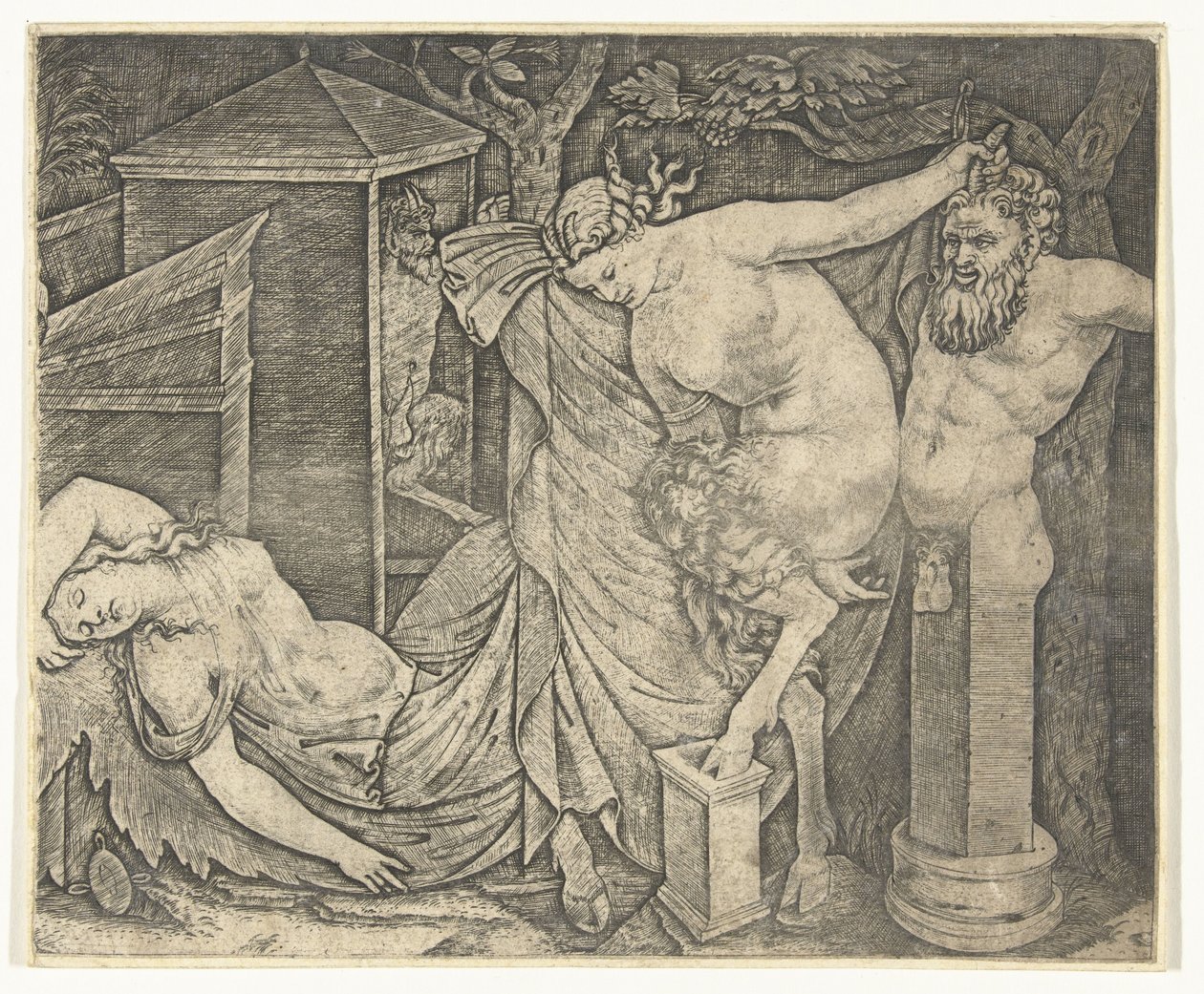 Fragment de bacchanale avec femme satyre et hermès et bacchante endormie - Marcantonio Raimondi