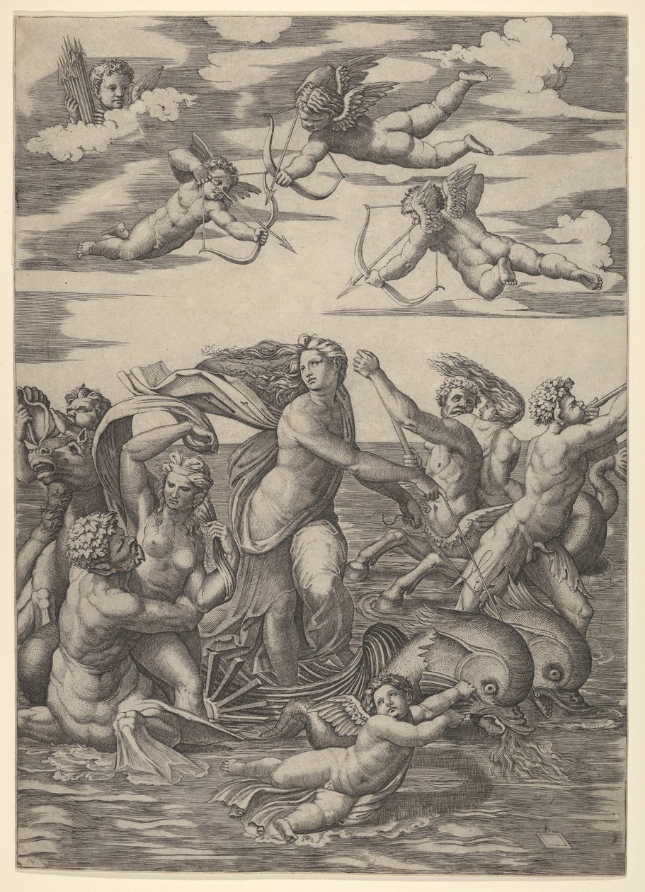 Galatée debout dans un char tiré par deux dauphins, entourée de tritons et de néréides - Marcantonio Raimondi