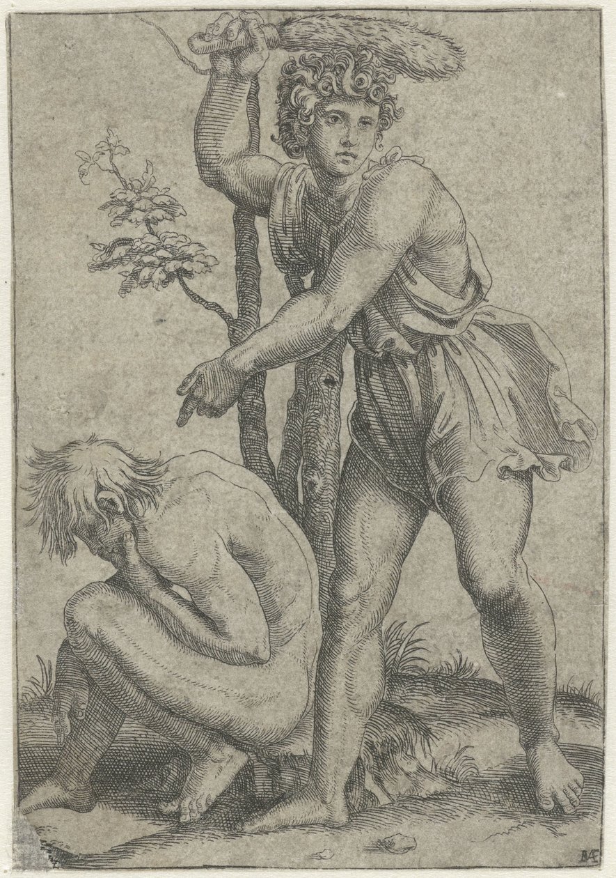 Homme nu accroupi frappé par un homme avec une queue de renard - Marcantonio Raimondi