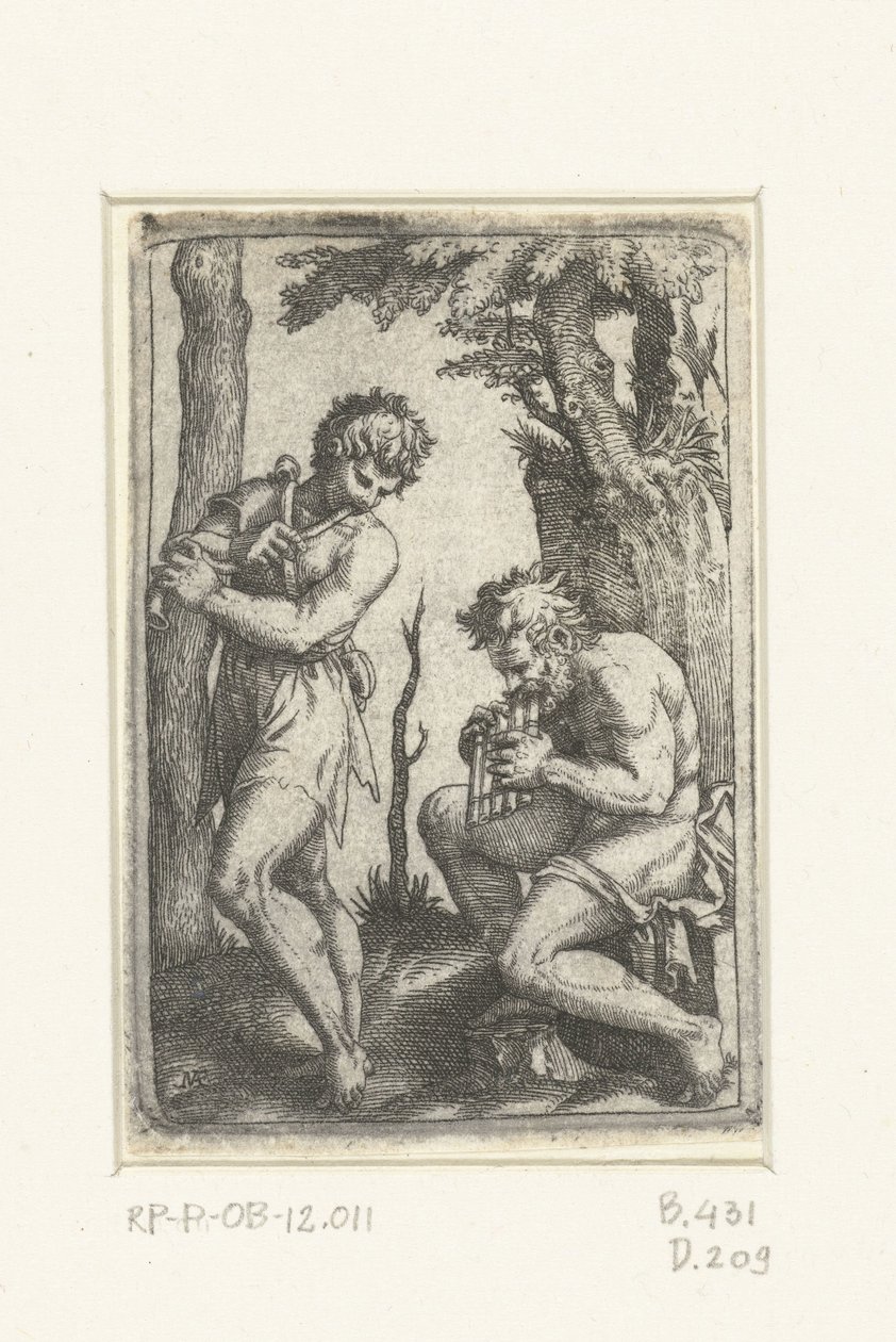 Jeune berger avec chalumeau et vieux berger avec flûte de Pan - Marcantonio Raimondi