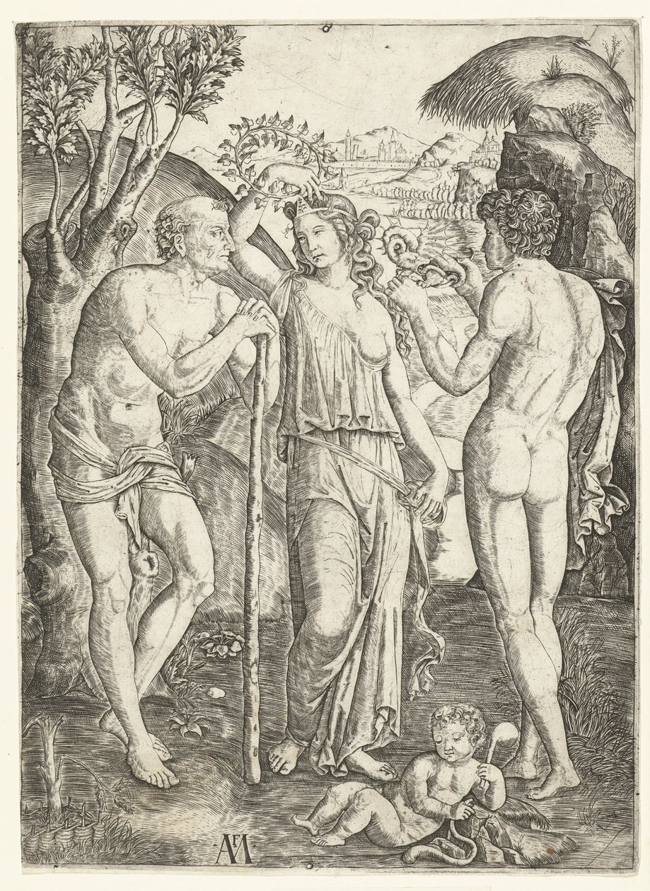 Jeune femme avec couronne de feuilles entre un vieil homme appuyé sur un bâton et un jeune homme avec un dragon et un enfant - Marcantonio Raimondi
