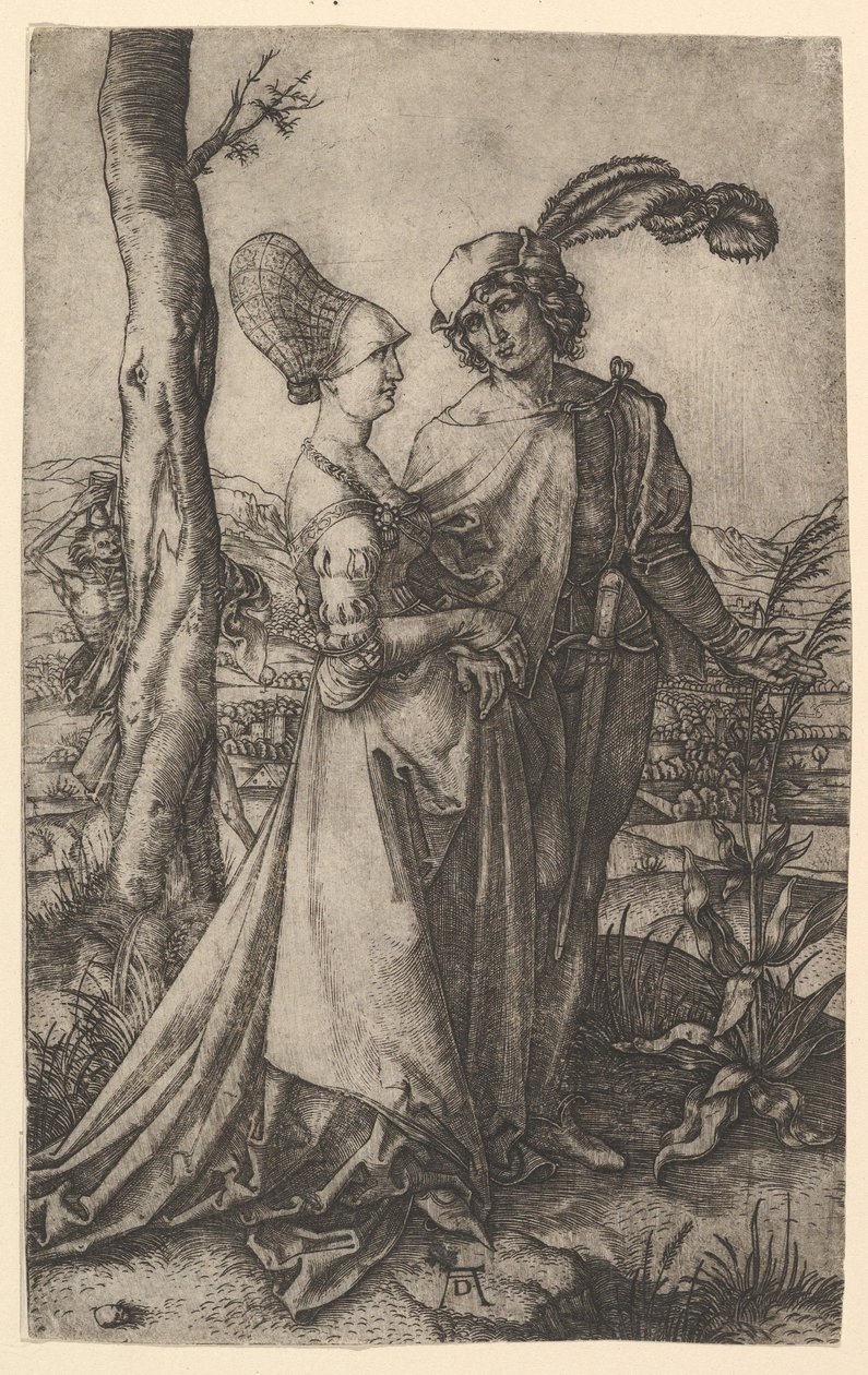 Seigneur et dame marchant avec la figure de la mort cachée derrière un arbre - Marcantonio Raimondi