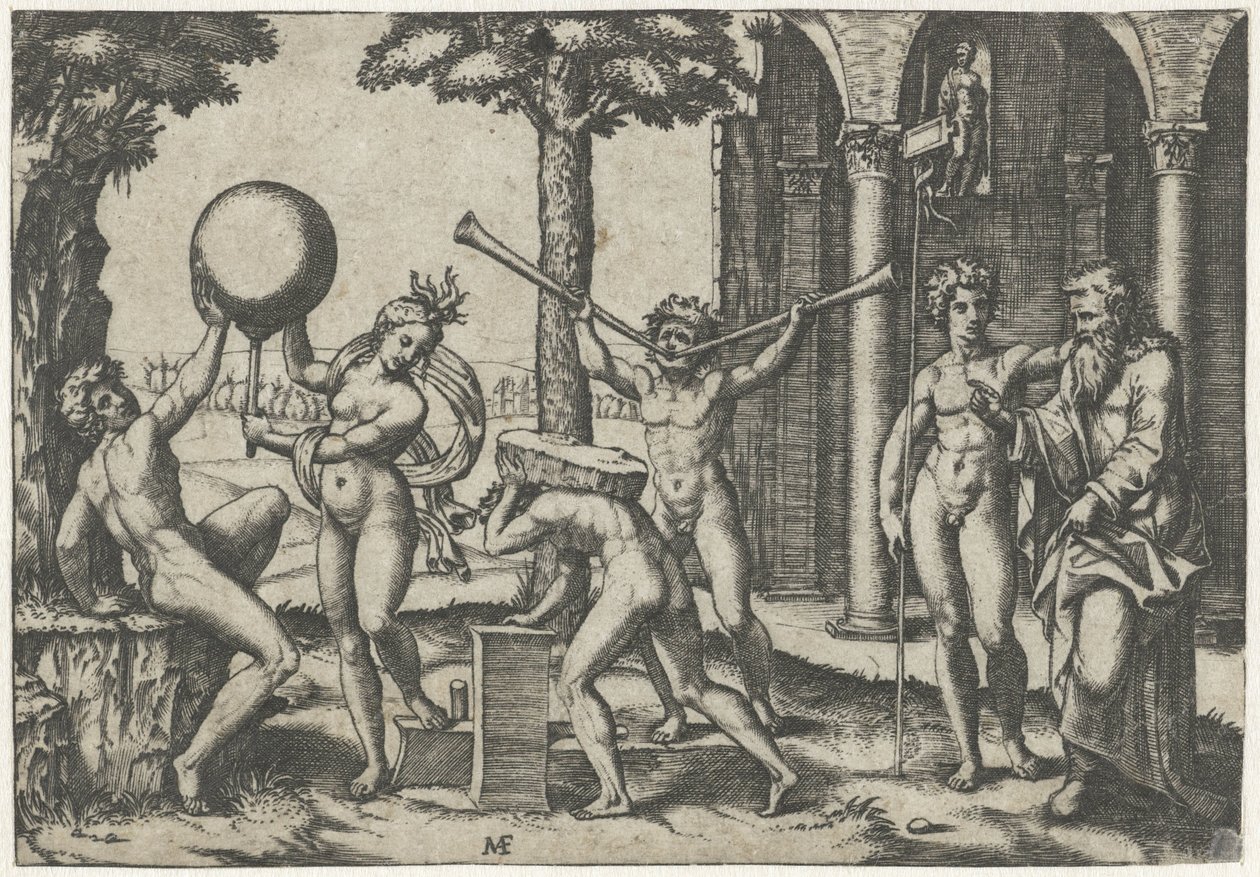 Homme avec deux trompettes et homme avec pierre sur son dos flanqué d