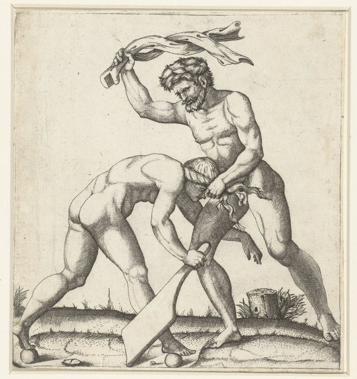 Homme combattant avec une femme personnifiant la Fortune (Fortuna) - Marcantonio Raimondi