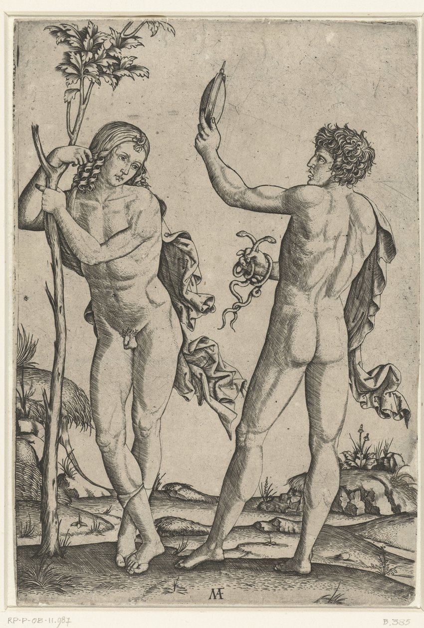 Homme nu appuyé contre un arbre et homme nu avec un miroir et deux serpents - Marcantonio Raimondi