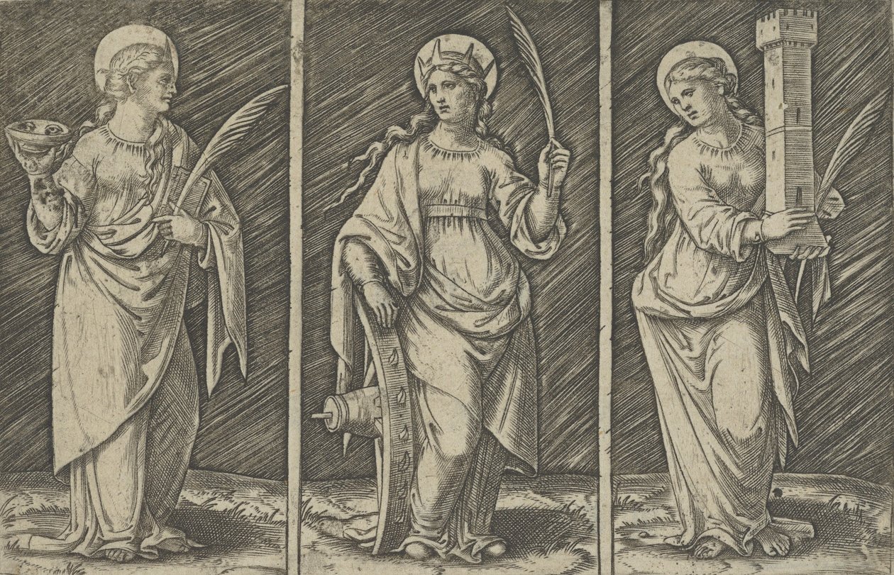 Sainte Barbe à gauche, Sainte Catherine au centre, Sainte Lucie à droite - Marcantonio Raimondi