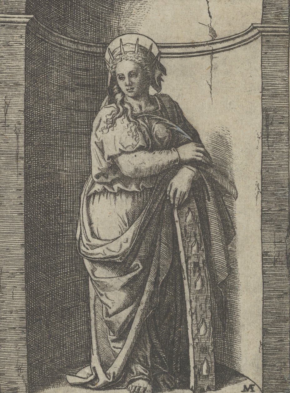 Sainte Catherine debout dans une niche, reposant sur une roue, son instrument de torture - Marcantonio Raimondi