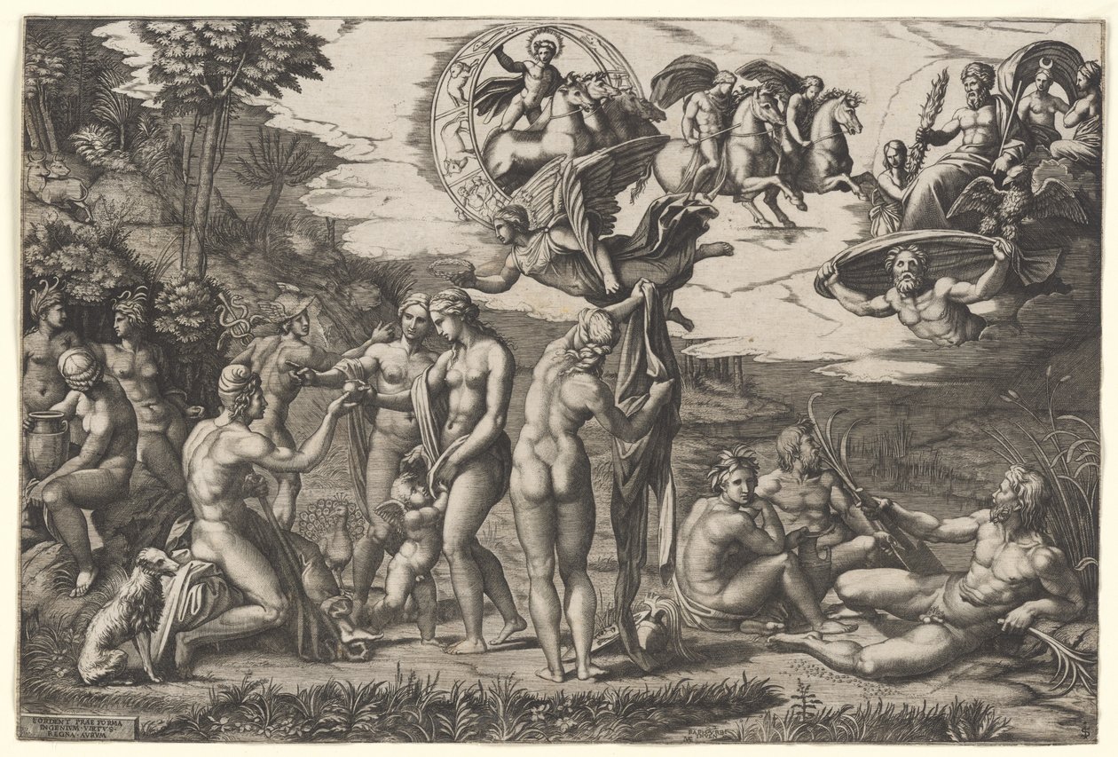 Le Jugement de Pâris : il est assis à gauche avec Vénus, Junon et Pallas Athéna, une victoire ailée au-dessus, vers 1510-20 (gravure) - Marcantonio Raimondi