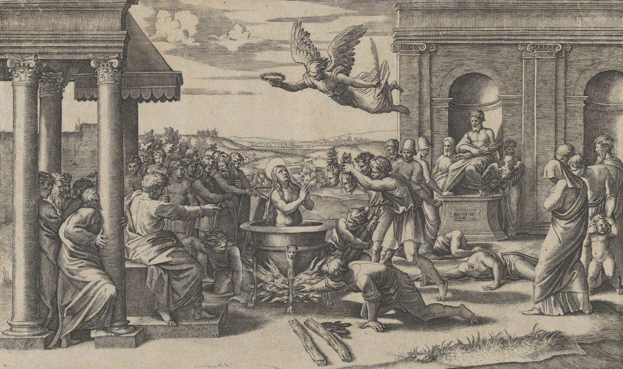 Le martyre de Sainte Cécile debout nue dans un grand chaudron - Marcantonio Raimondi
