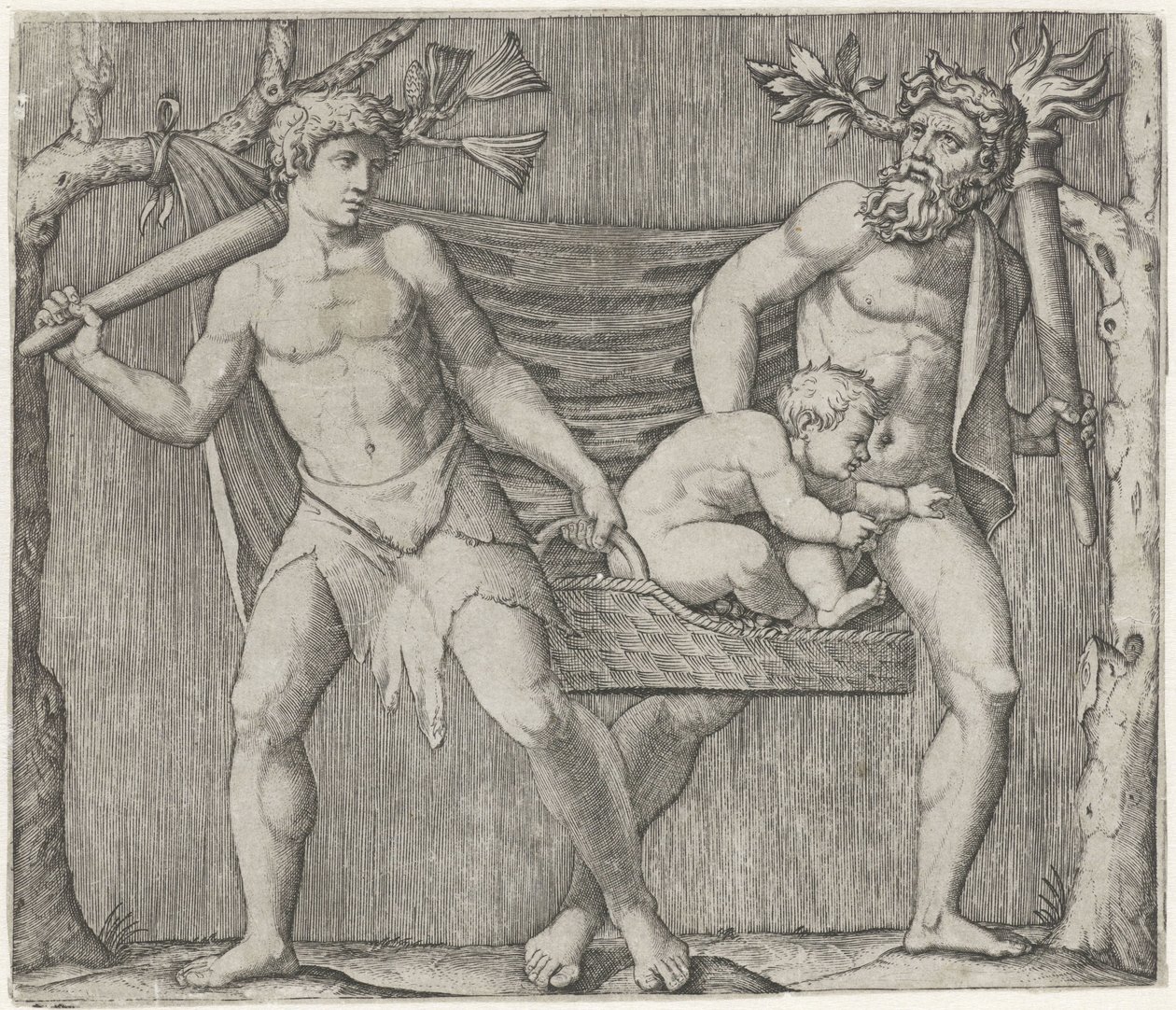 Deux faunes portant un enfant dans un panier - Marcantonio Raimondi