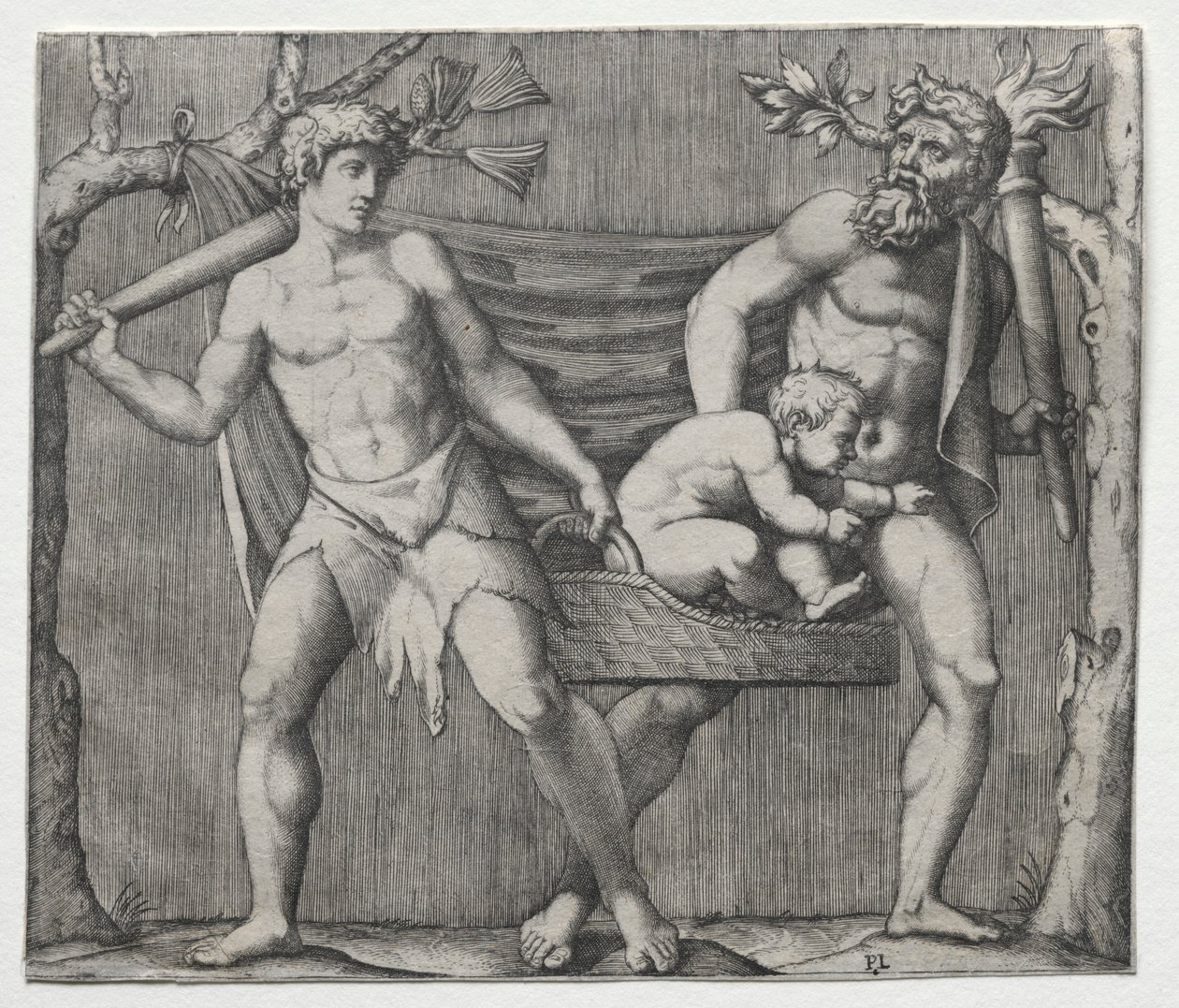 Deux faunes portant un enfant dans un panier, vers 1513-1515 - Marcantonio Raimondi