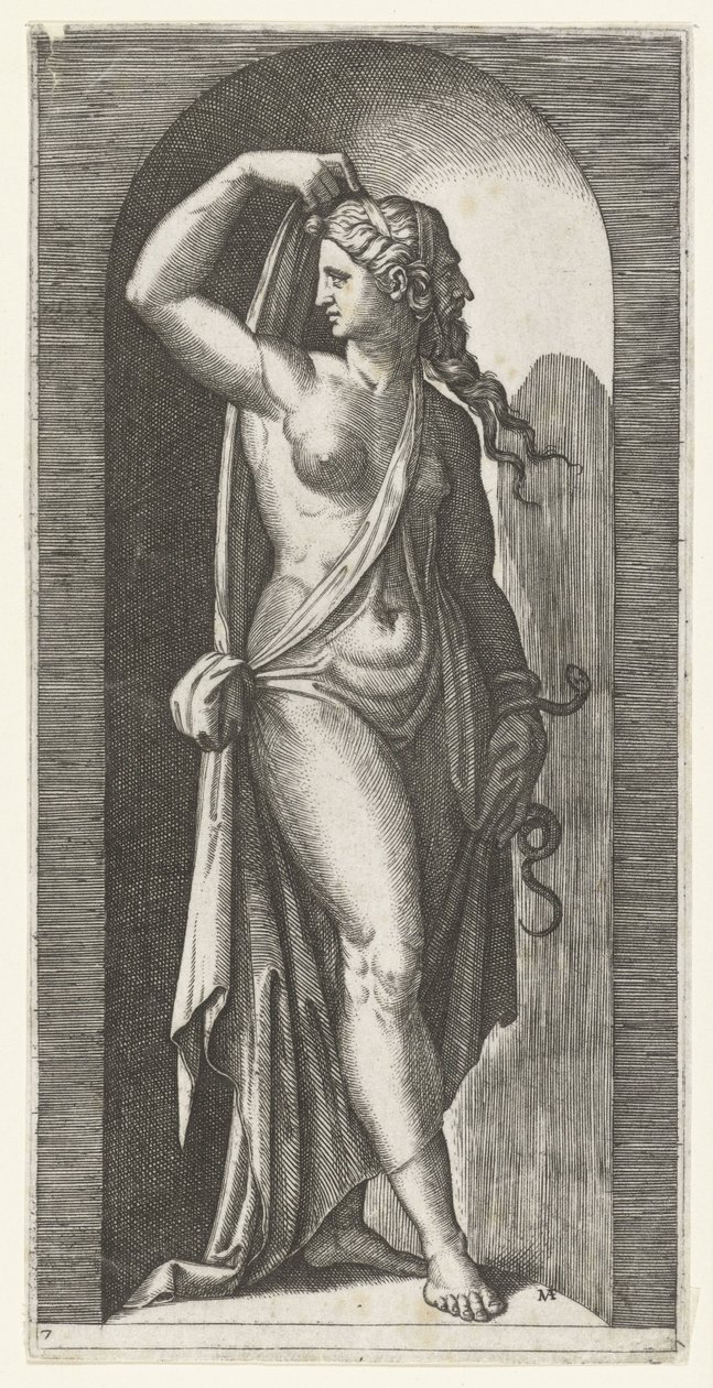 Femme comme personnification de la Prudence (Prudentia) avec serpent et masque (Série des Sept Vertus) - Marcantonio Raimondi
