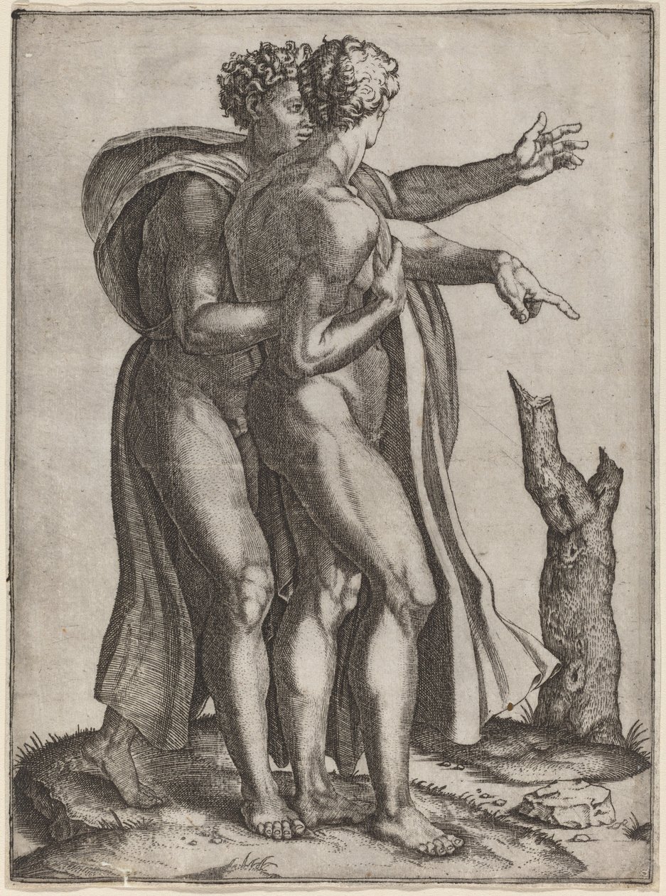 Deux hommes nus - Marcantonio Raimondi after Michelangelo