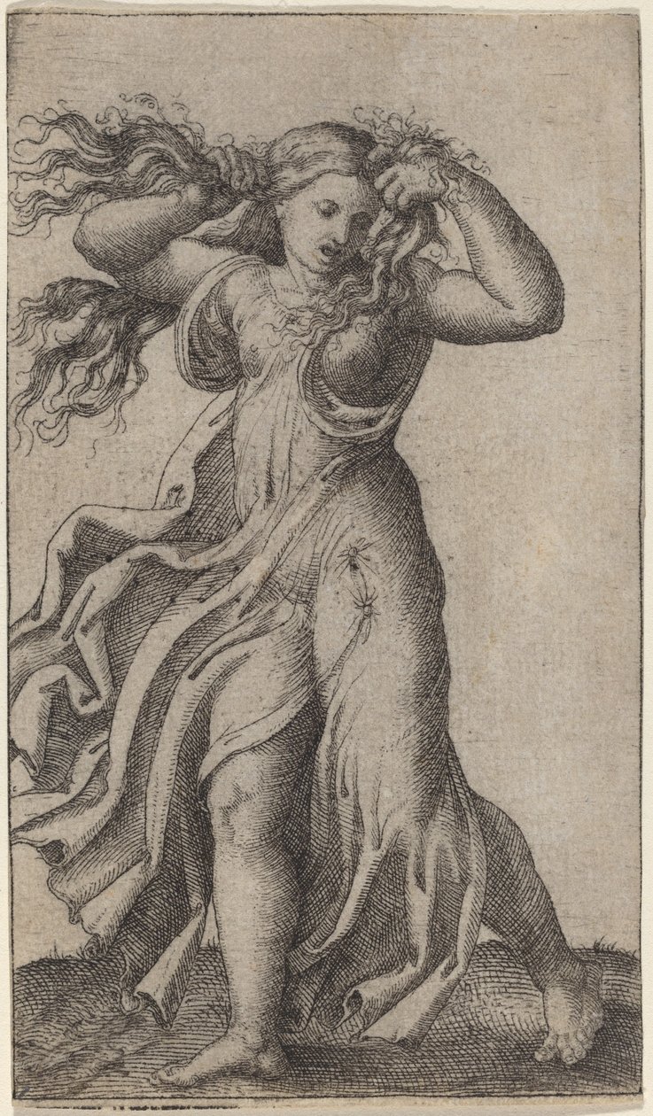 Femme tirant ses cheveux - Marcantonio Raimondi possibly after Francesco Francia
