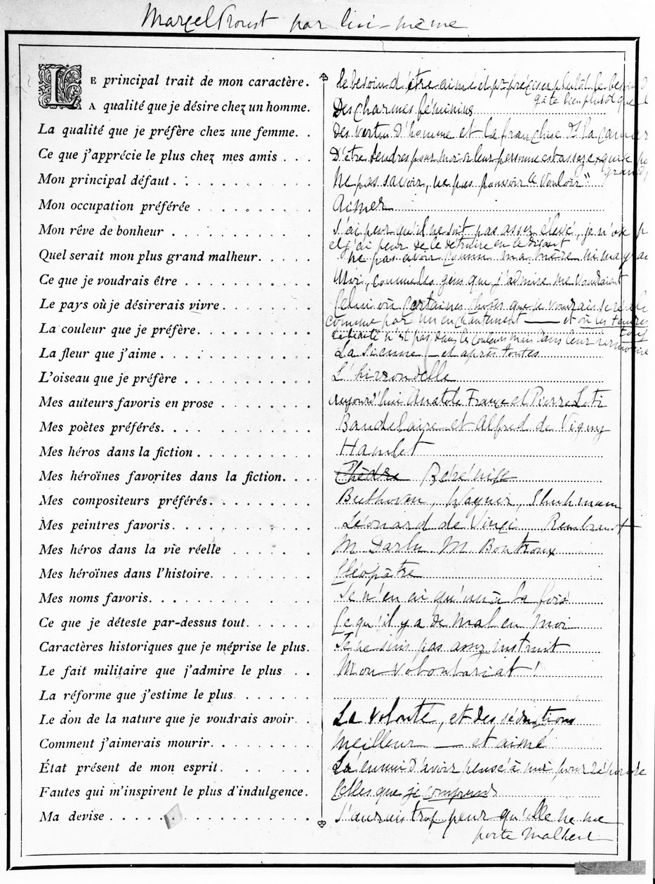 Questionnaire rempli par Marcel Proust, 1890 - Marcel Proust