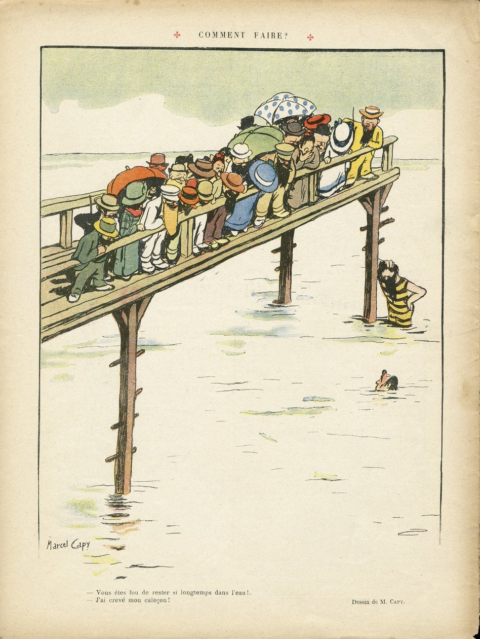 Illustration de Marcel Capy dans Le Lire, 24/08/12 - Comment faire ? - Loisirs, Urbanisme, Marine, Baignade, Foule - Marcel Amable O.L. Capy