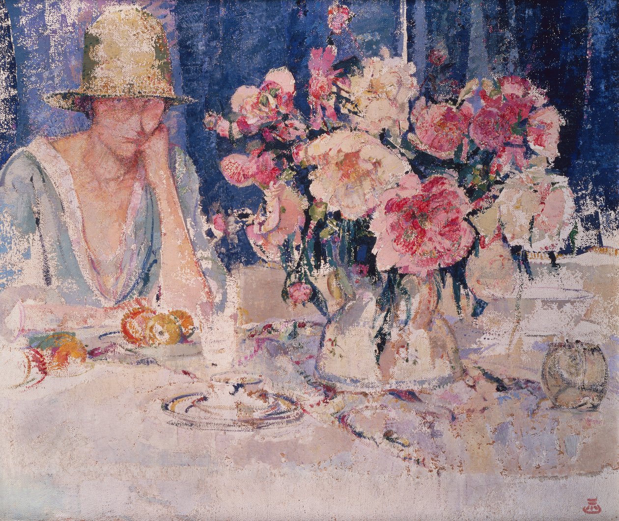 Femme à une table chargée de fleurs - Marcel Jefferys