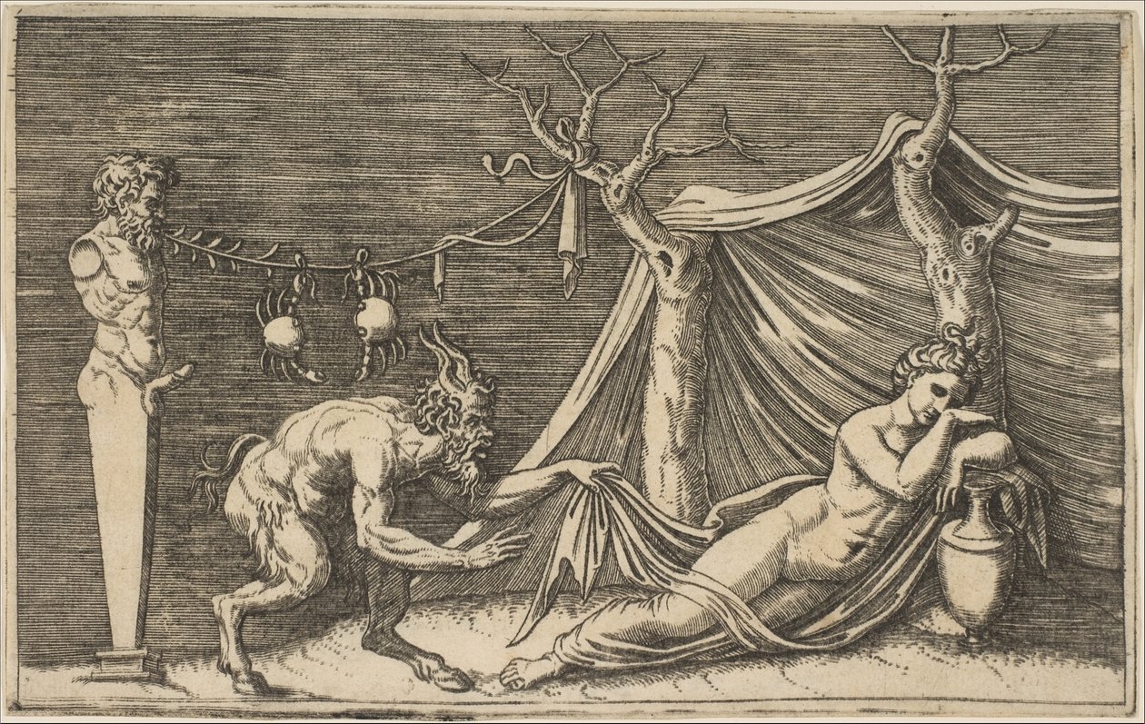 Un satyre découvrant une femme endormie, deux crabes suspendus à une corde qui est tendue..., vers 1515-27 - Marco Dente
