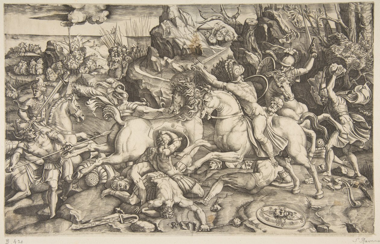 Scène de bataille dans un paysage avec des soldats à cheval et plusieurs hommes tombés, un autre..., vers 1520 - Marco Dente
