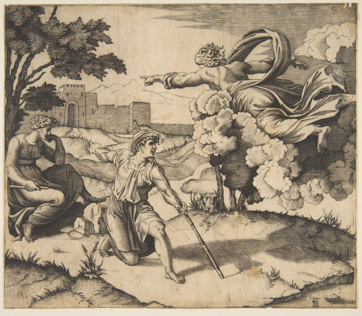 Dieu apparaissant à Isaac, Dieu flottant dans les nuages pointant vers Rebecca assise sous..., vers 1515-27 - Marco Dente