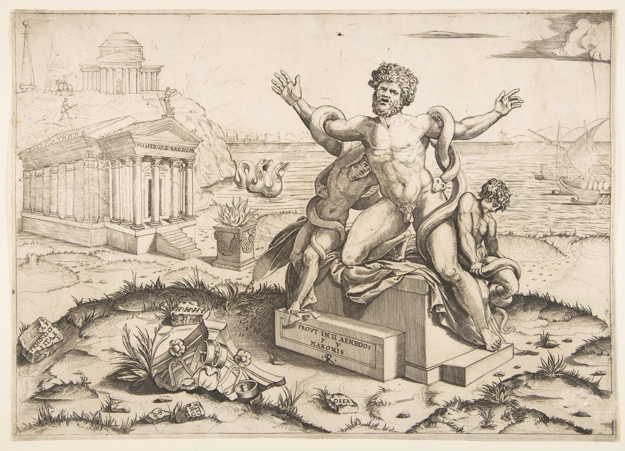 Laocoon et ses deux fils attaqués par des serpents sur un piédestal, un temple à Mi..., vers 1515-27 - Marco Dente