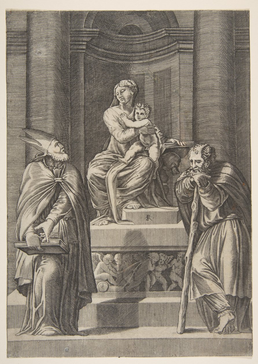 Saint Joseph à gauche et un évêque à droite devant l