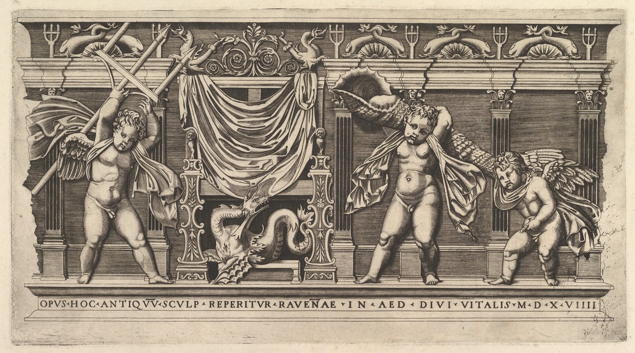 Speculum Romanae Magnificentiae: Bas-relief avec trois cupidons - Marco Dente
