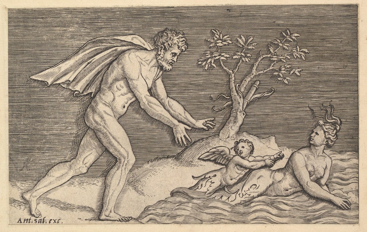 Speculum Romanae Magnificentiae : Homme nu poursuivant une naïade, vers 1515-1527 - Marco Dente