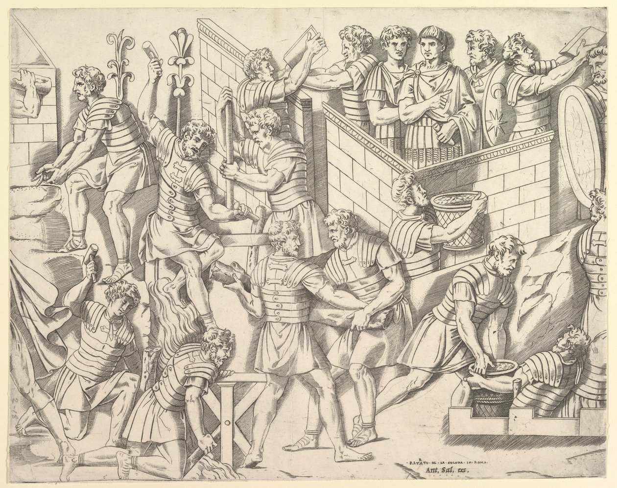 Speculum Romanae Magnificentiae : Soldats romains fortifiant leur camp, de Trajan..., 16ème siècle - Marco Dente