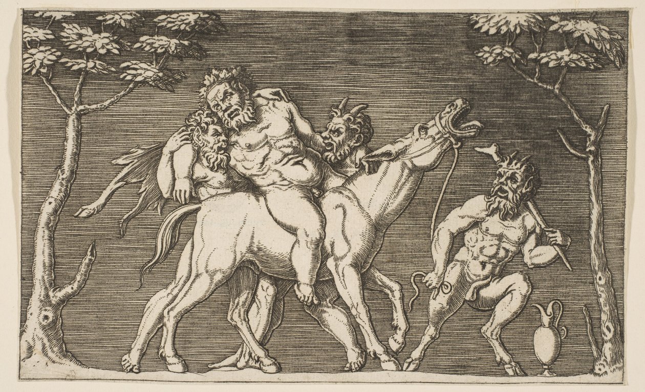 Deux satyres plaçant Silène sur une mule braillante et un troisième satyre à droite - Marco Dente