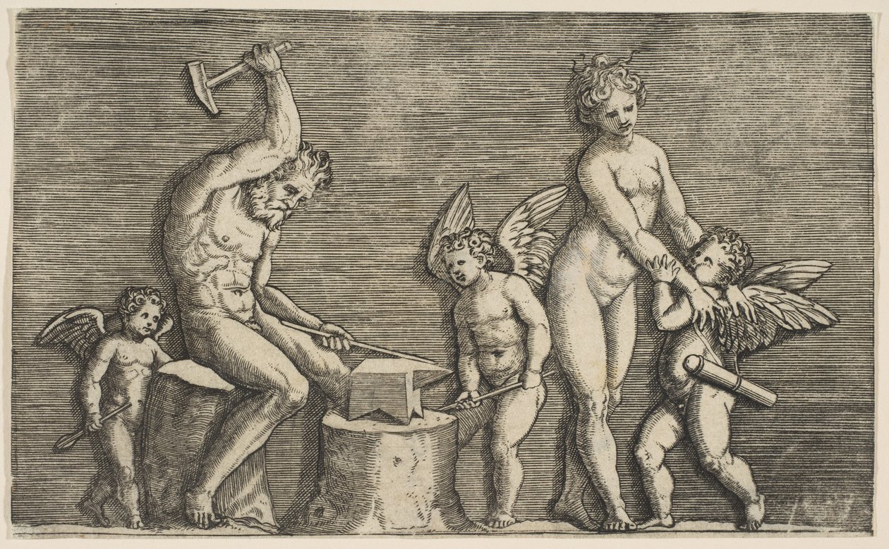 Vulcain assis martelant sur une enclume flanqué de Vénus et de trois cupidons - Marco Dente