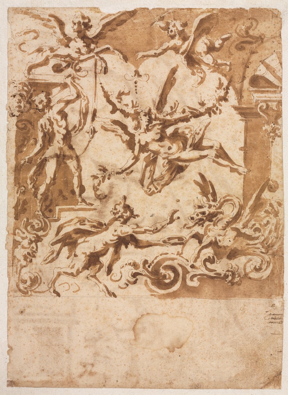 Grotesque avec un satyre nourrissant un dragon recto, Grotesque avec un centaure sautant verso, vers 1565-158 - Marco Marchetti