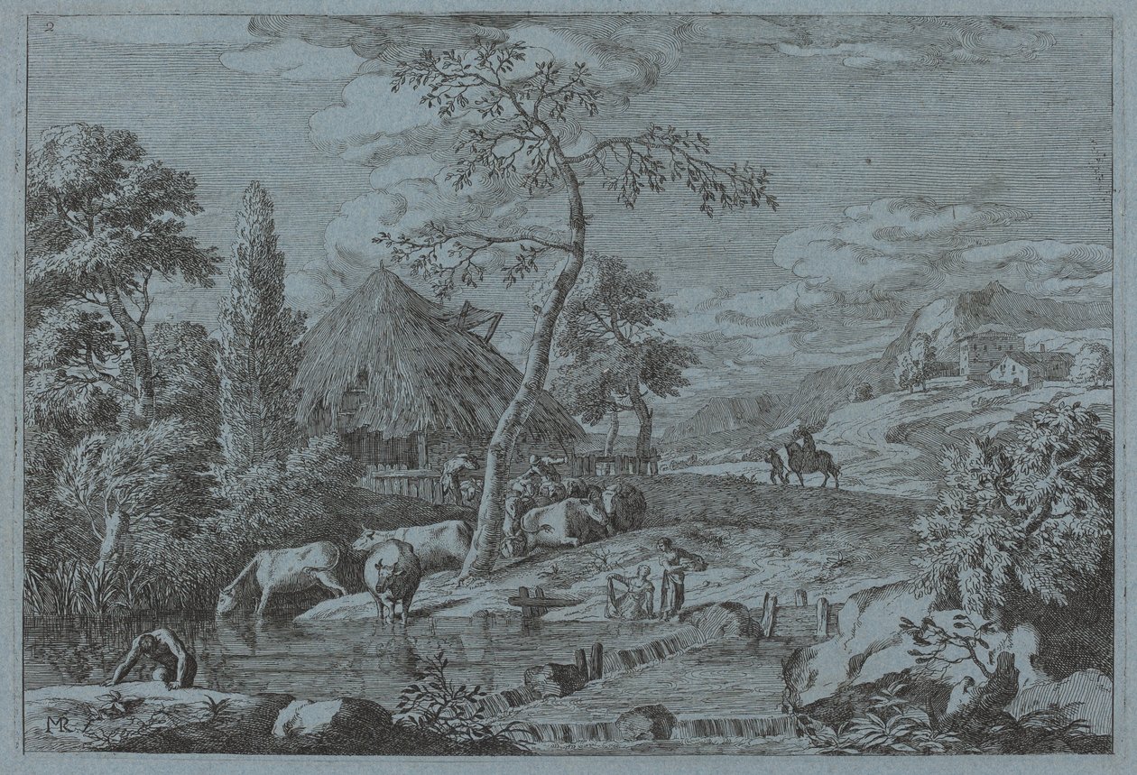 Bétail et figures à un ruisseau de ferme - Marco Ricci