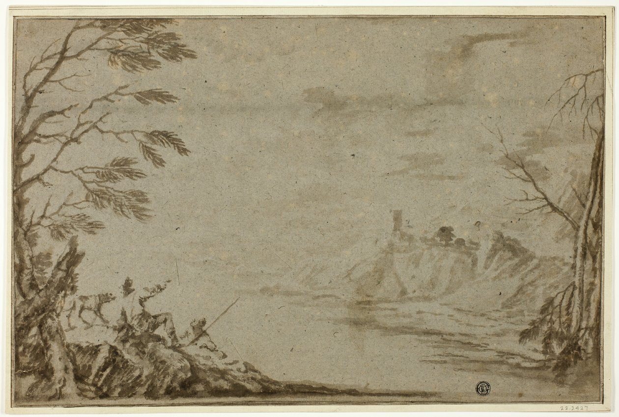Chasseurs avec chien au bord d