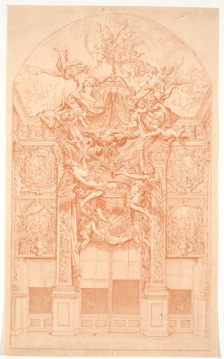 Esquisse de décoration avec des génies portant une couronne et un dais - Marcus Tuscher