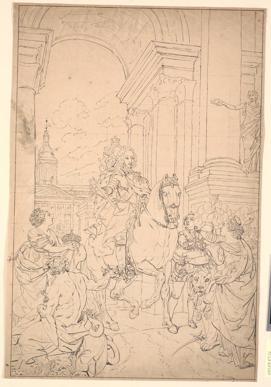 Esquisse pour le tableau : Le Danemark et la Norvège rendent hommage à Chr. VI (brûlé avec Christiansborg en 1794) - Marcus Tuscher