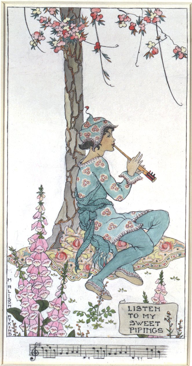 Listen to My Sweet Pipings (plume, encre et aquarelle sur crayon sur carton à dessin) - Margaret Alison Atkins