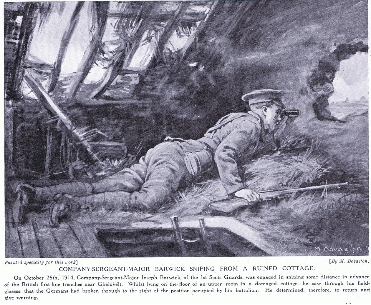 Sergent-major de compagnie Barwick tirant des coups de feu depuis un chalet en ruine à Ghehuvelt, octobre 1914 (litho) - Margaret Dovaston